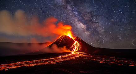 Majestic Volcano Erupting Under Starry Night Sky with Lava Flow