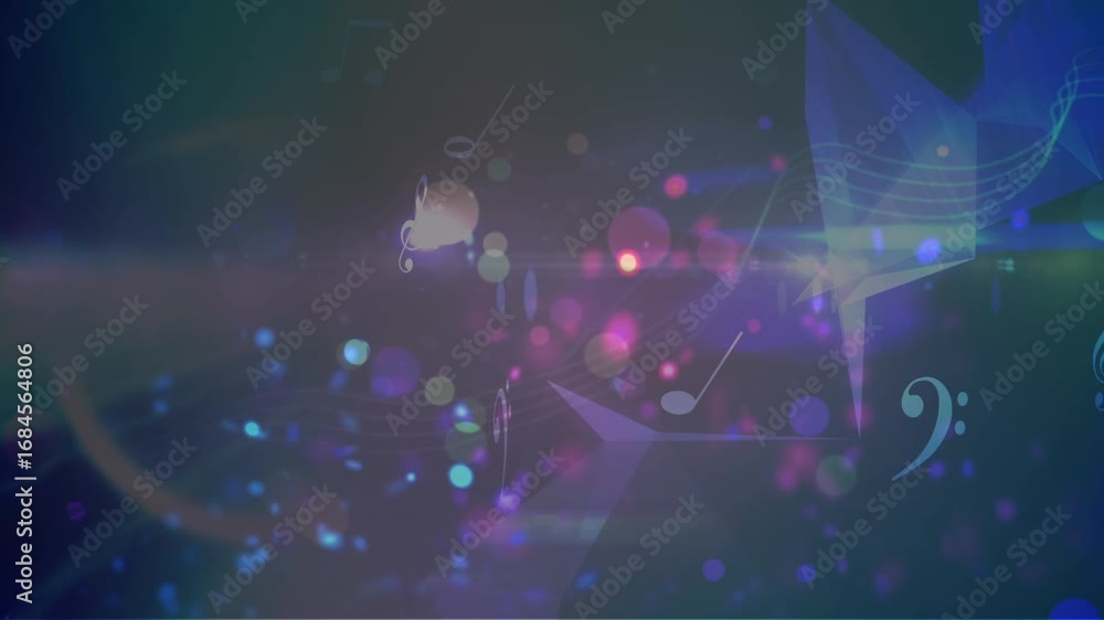 Poster animation of falling notes over glowing lights on dark background
