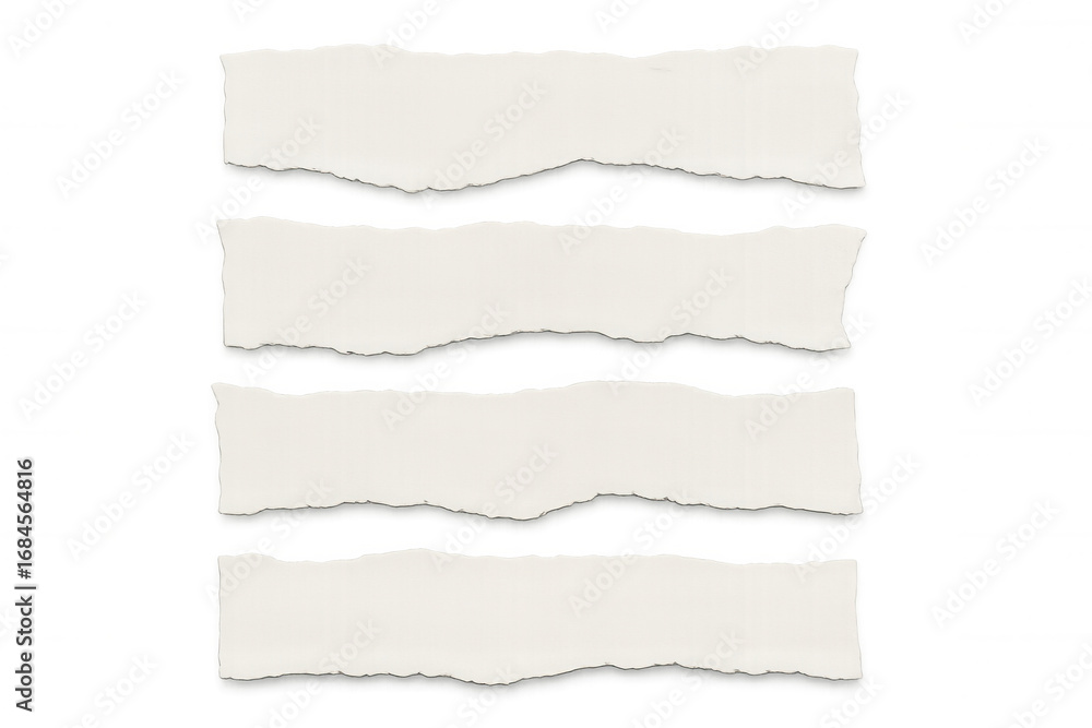 Poster four horizontal white torn paper strips creating a layered effect on a transparent background, ideal