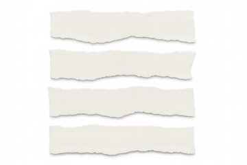 Four horizontal white torn paper strips creating a layered effect on a transparent background, ideal for adding a textured touch to designs