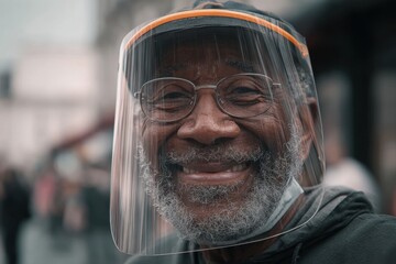 smiling old man beneath a safety shield