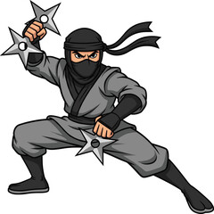 Cartoon ninja in dynamic pose with shurikens, stealth action vector illustration for kids—martial arts character design and adventure theme