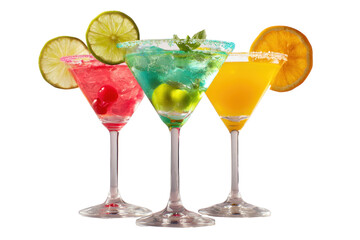 bundle of vibrant colorful refreshing cocktails in martini glass PNG white background isolated. Popular, cold exotic summer cocktail with garnish
