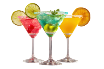 bundle of vibrant colorful refreshing cocktails in martini glass PNG white background isolated. Popular, cold exotic summer cocktail with garnish