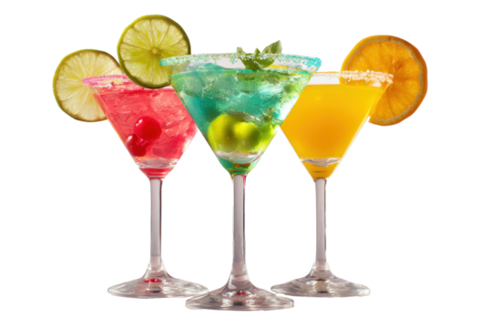 bundle of vibrant colorful refreshing cocktails in martini glass PNG white background isolated. Popular, cold exotic summer cocktail with garnish