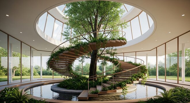 Modern architecture featuring a tree in a glasswalled atrium with a spiral staircase and water feature providing a tranquil and ecological design