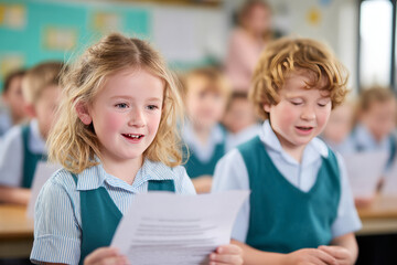 A sunny classroom where pairs of students take turns reading sentences aloud