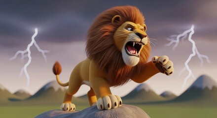 fierce animated lion roaring during lightning storm