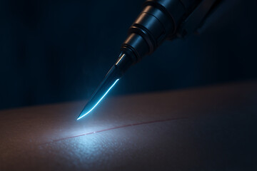 Naklejka premium Robotic surgical blade with glowing edge makes a precise incision on skin, symbolizing futuristic medicine, AI, and healthcare technology.