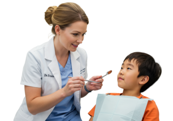 Early 30s Caucasian female dentist in white lab coat examining young 8-year-old East Asian boy's mouth with mirror in modern dental room, concept of comforting and professional dental care