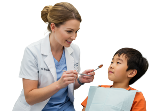 Early 30s Caucasian female dentist in white lab coat examining young 8-year-old East Asian boy's mouth with mirror in modern dental room, concept of comforting and professional dental care - Powered by Adobe