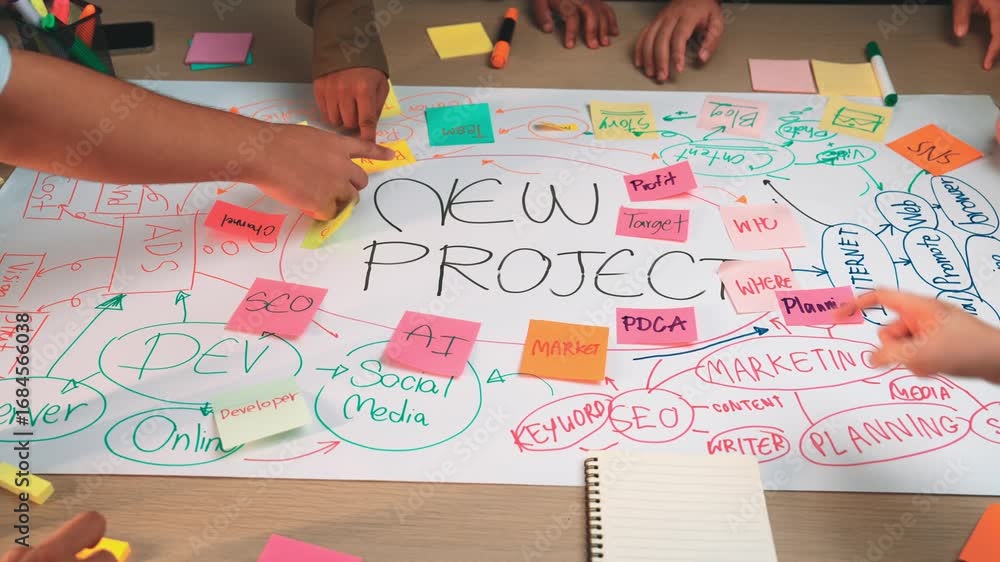 Poster a diverse team engages in brainstorming sessions to develop a new project, using colorful sticky not