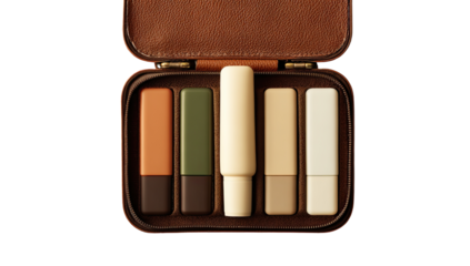 Five small, rectangular cosmetic containers in a  brown leather-like case