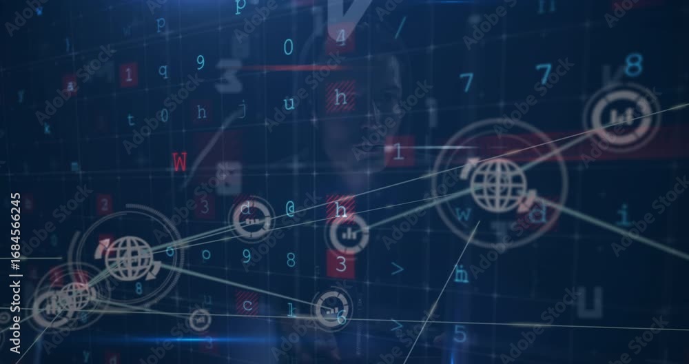 Poster animation of digital interface and network of connections over hacker