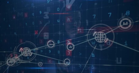 Animation of digital interface and network of connections over hacker - Powered by Adobe