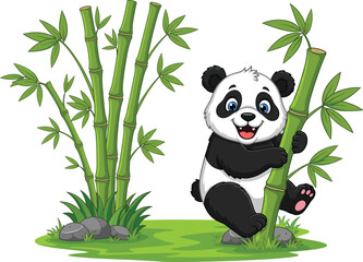 Cartoon panda hugging bamboo in forest, cheerful vector illustration with green grass, rocks, and smiling animal character for children&rsquo;s content