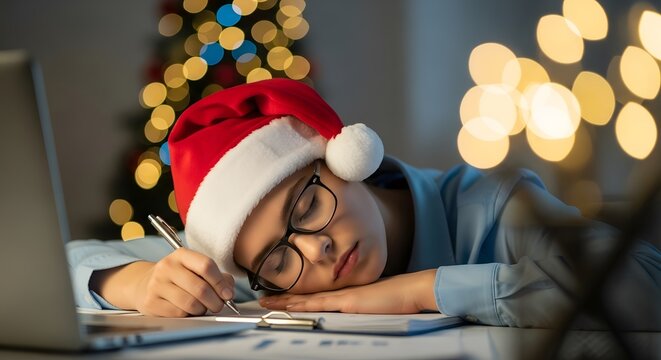 Tired person wearing a santa hat sleeping at a desk with a laptop and christmas tree in the background, working late on holiday
