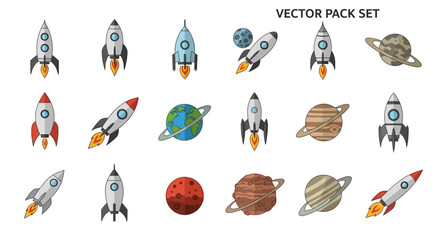 Collection of colorful cartoon rockets and planets in a whimsical vector pack set