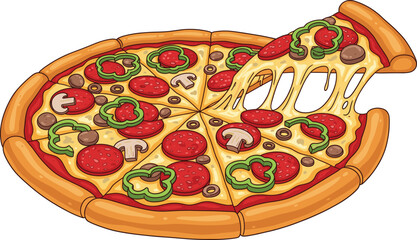 Cartoon pizza slice with melted cheese pull, vector illustration of whole pizza with toppings—pepperoni, sausage, mushrooms, bell peppers