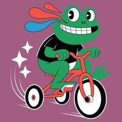 Joyful green frog enthusiastically rides a tricycle with a big smile and colorful streamers vector