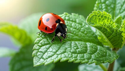 Fototapeta premium A vibrant ladybug rests serenely atop a fresh mint leaf, showcasing its striking red and black pattern against the lush green foliage.