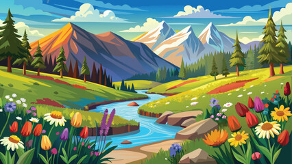 Fototapeta premium A tranquil summer mountain landscape with a clear blue lake reflecting the green hills and sky