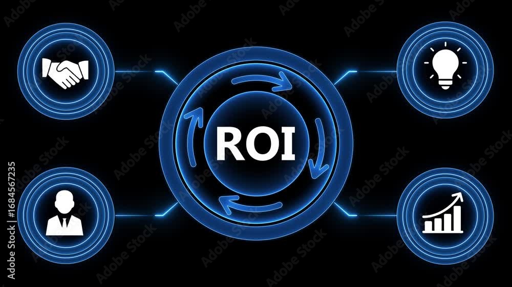 Poster animated return on investment process diagram with glowing futuristic elements