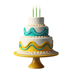 Three tier birthday cake with candles isolated on transparent background