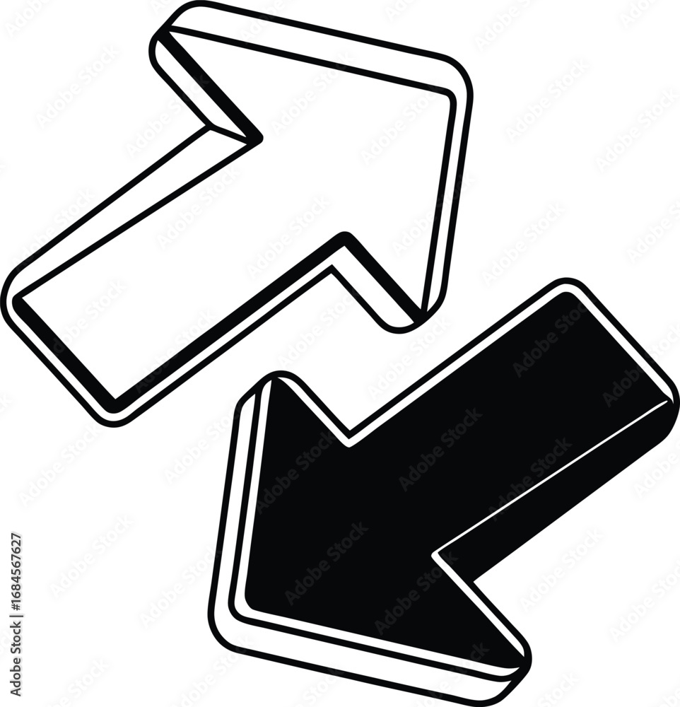 Poster two layered arrows swapping positions with slight perspective, outline.