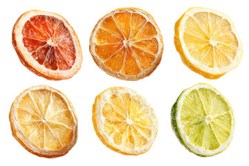 Obraz premium Dried and fresh citrus fruit wheel slices PNG set, cutout isolated on transparent background. Grapefruit, orange, lemon, lime cocktail garnish decoration graphic resource