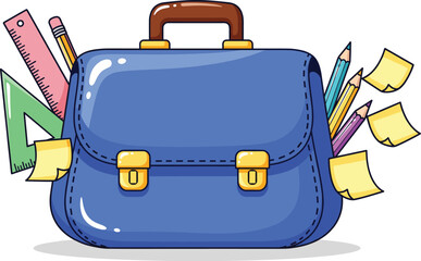 Cartoon school bag with colorful stationery supplies, educational vector illustration for back-to-school, learning, or classroom-themed design projects