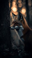 Obraz premium Red fox in a forest, lit by a warm sunset glow