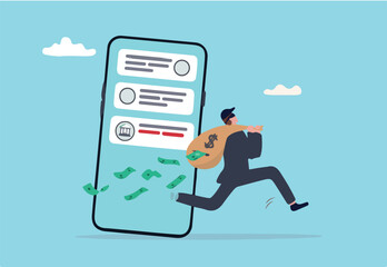 Lose money from investment mistake, tax or expense, mutual fund cost or financial problem, unknown cost drain out money concept, businessman carry big money bag with big hole banknotes falling out