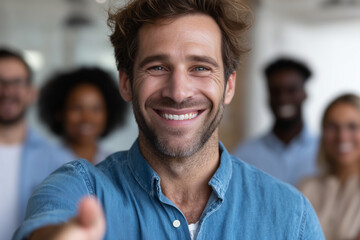 Fototapeta premium A man with a smile on his face is holding out his hand to another person