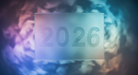 Frosted Glass 2026: Year Display with Abstract Colorful Background, Future Vision