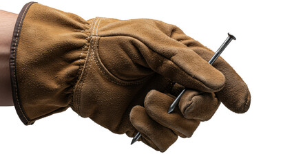 Worker's hand in rugged brown leather work glove grasping polished steel construction nail, isolated on transparent studio background with shallow DOF, concept of utility.