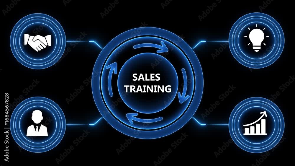 Poster animated sales training loop representing teamwork strategy and growth on black background