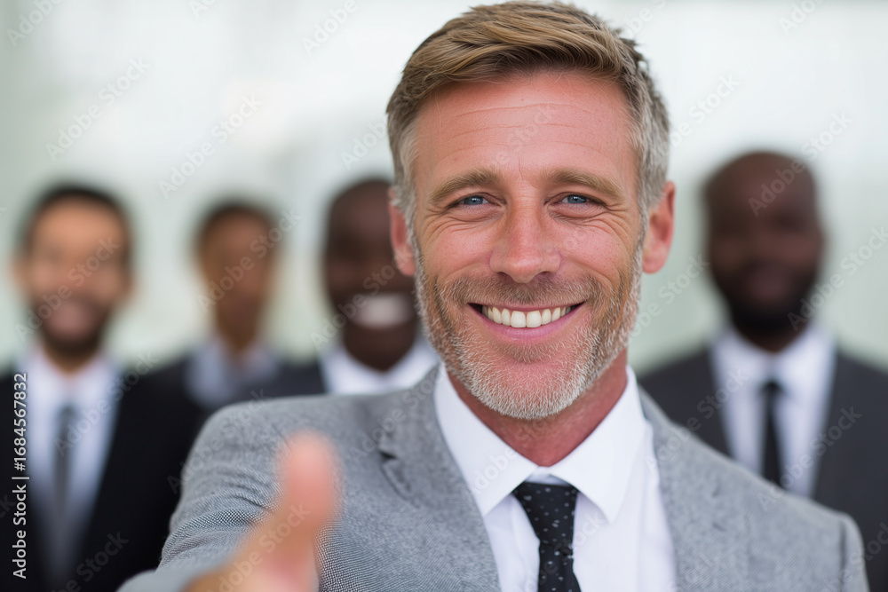 Poster a man in a gray suit is smiling and shaking hands with another man