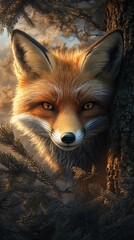 Fototapeta premium Red fox peeks from behind a tree, captivating gaze. Sunlight illuminates its fur