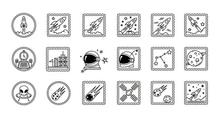 Space exploration icons set in line style featuring rockets, planets, astronauts, and other cosmic