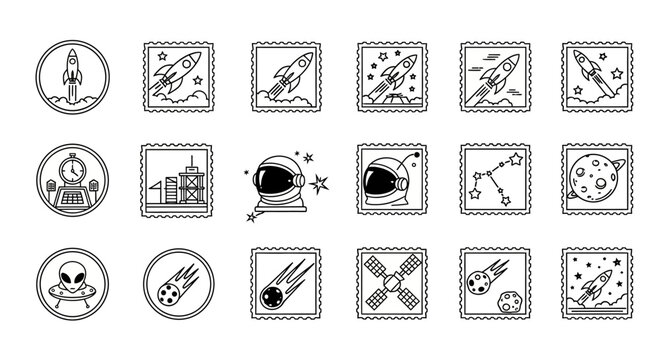 Space exploration icons set in line style featuring rockets, planets, astronauts, and other cosmic