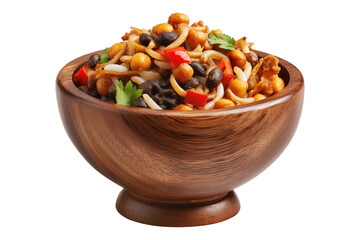 Egypt Koshari lentils rice pasta with vegetables and tomato sauce arranged on wooden plate, isolated on white transparent background, concept of healthy Arabic Cuisine