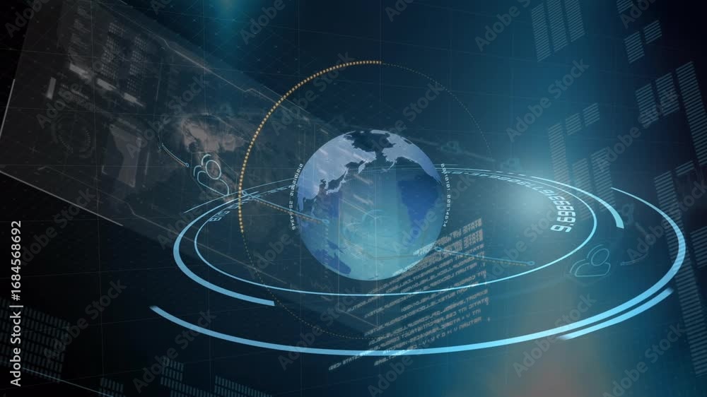 Poster animation of data processing and globe over scan scope on dark background