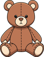 Cartoon teddy bear vector illustration with stitched seams, sitting pose, soft plush toy design for children’s content, nursery, and education