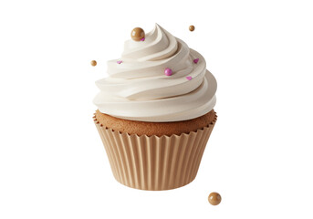 Isolated cupcake with vanilla frosting, light tan wrapper, brown and pink sprinkles on top
