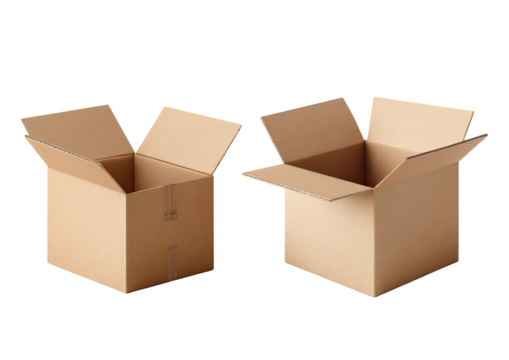 two open cardboard boxes side by side on transparent background