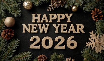 Golden happy new year 2026 text centered on black background with pine branches and christmas decorations, elegant festive winter season design with ample space for logos or customization