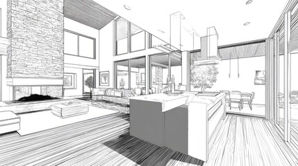 Interior sketch of a modern open-plan house.