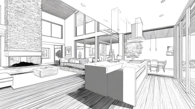 Interior sketch of a modern open-plan house.