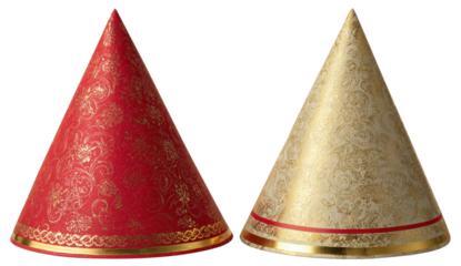 red and gold party hats on transparent background